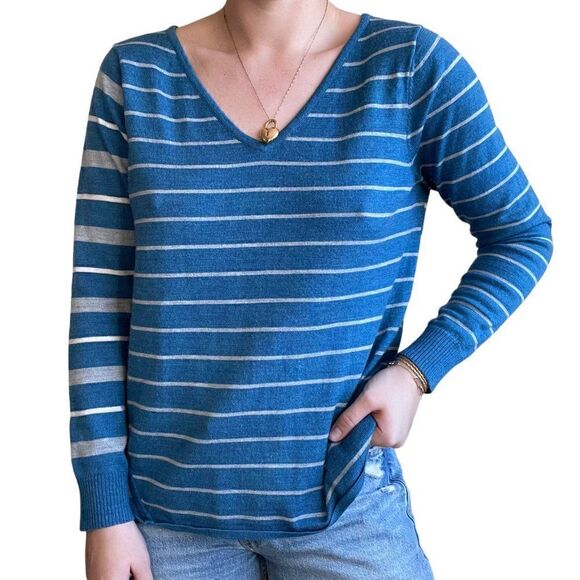 Smartwool Womens Blue Gray Striped Merino Wool V Neck Lightweight Sweater Sz L - Picture 4 of 7